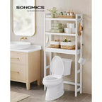 SONGMICS Over The Toilet Storage, 3-Tier Over Toilet Bathroom Organizer with Adjustable Shelf, Fit Most Toilets, Cloud White and Natural Beige