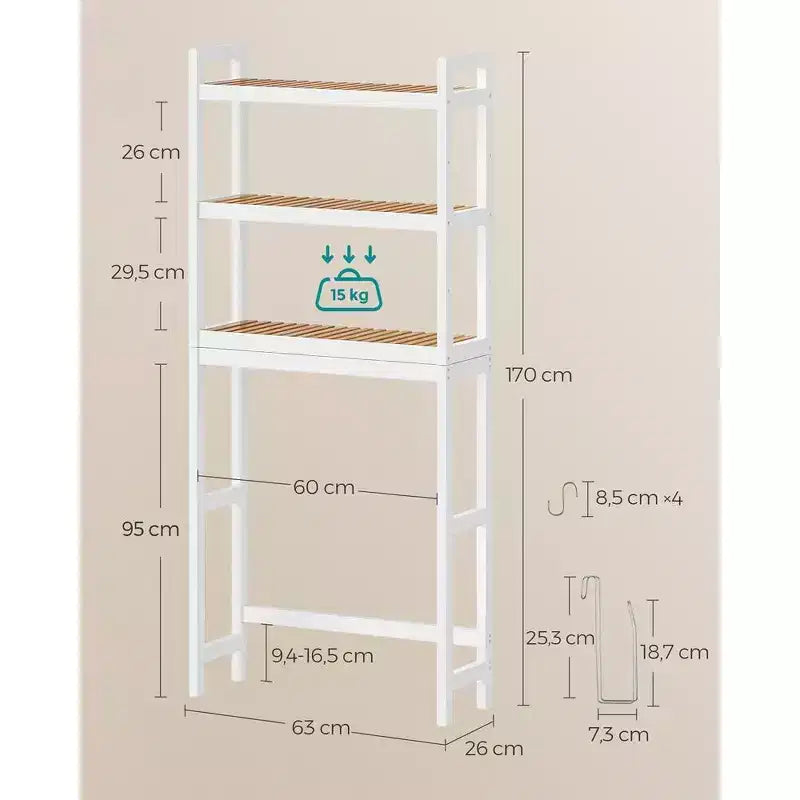 Étagère de Rangement au-dessus des Toilettes SONGMICS, Meuble de Rangement pour Salle de Bain à 3 Niveaux avec Étagère Réglable, S'adapte à la Plupart des Toilettes, Blanc Nuage et Beige Naturel