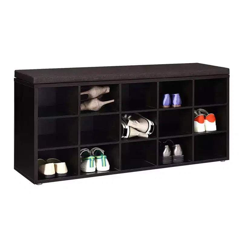 VASAGLE Banc à chaussures avec coussin, Banc de rangement avec assise rembourrée, Banc d'entrée avec 15 compartiments pour chambre à coucher