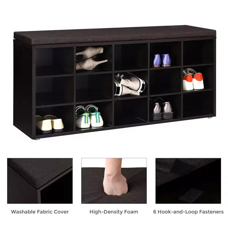 VASAGLE Banc à chaussures avec coussin, Banc de rangement avec assise rembourrée, Banc d'entrée avec 15 compartiments pour chambre à coucher