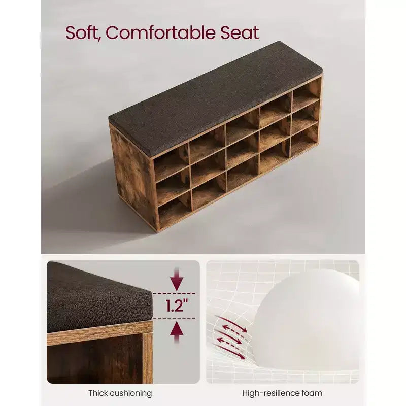VASAGLE Banc à chaussures avec coussin, Banc de rangement avec assise rembourrée, Banc d'entrée avec 15 compartiments pour chambre à coucher