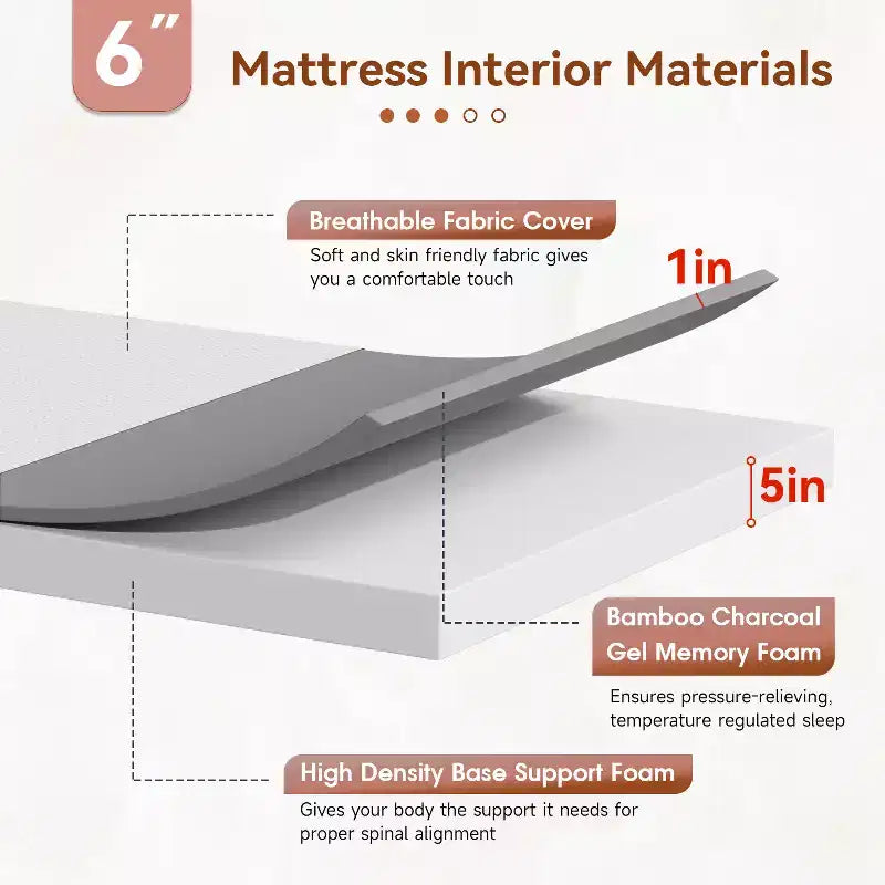 FDW 6 inch Bamboo Charcoal Memory Foam Mattress Cooling Gel Infused CertiPUR-US Certified Breathable Bed Mattress for Cooler Sleep,White