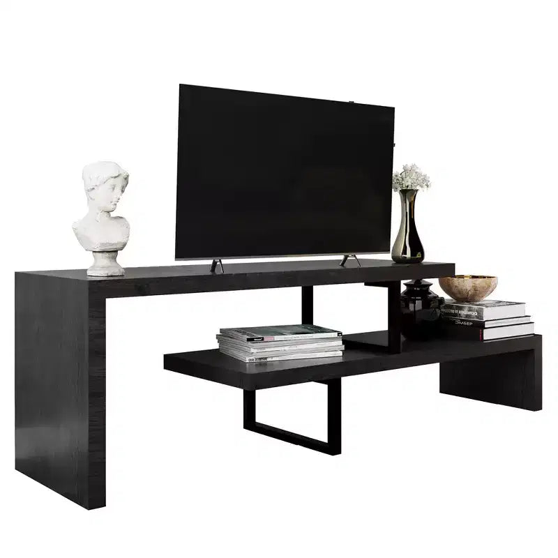 Meuble TV LeisureMod Orford Collection avec étagères en MDF et pieds en fer thermolaqué - Meuble console multimédia, salon moderne, centre de divertissement, rangement