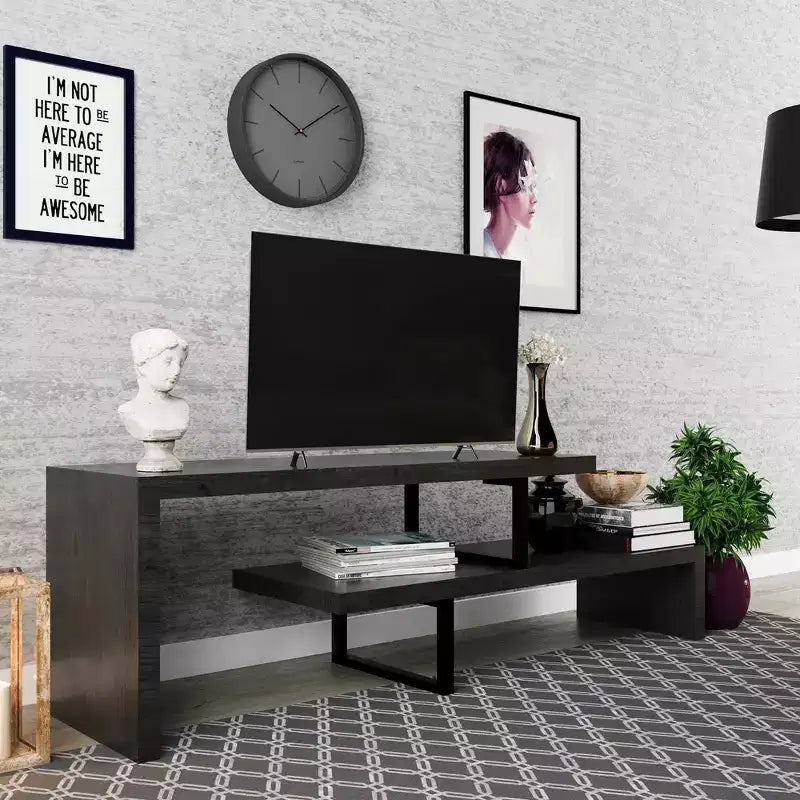 Meuble TV LeisureMod Orford Collection avec étagères en MDF et pieds en fer thermolaqué - Meuble console multimédia, salon moderne, centre de divertissement, rangement