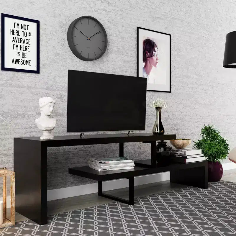 Meuble TV LeisureMod Orford Collection avec étagères en MDF et pieds en fer thermolaqué - Meuble console multimédia, salon moderne, centre de divertissement, rangement