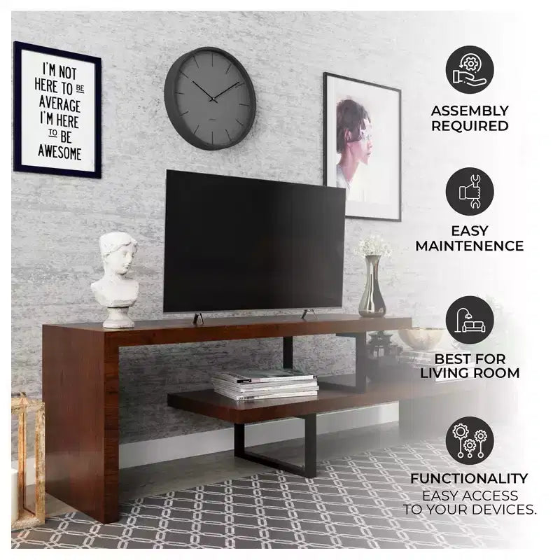 Meuble TV LeisureMod Orford Collection avec étagères en MDF et pieds en fer thermolaqué - Meuble console multimédia, salon moderne, centre de divertissement, rangement