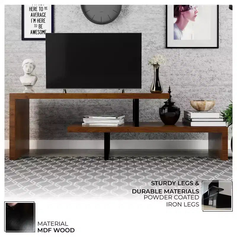 Meuble TV LeisureMod Orford Collection avec étagères en MDF et pieds en fer thermolaqué - Meuble console multimédia, salon moderne, centre de divertissement, rangement