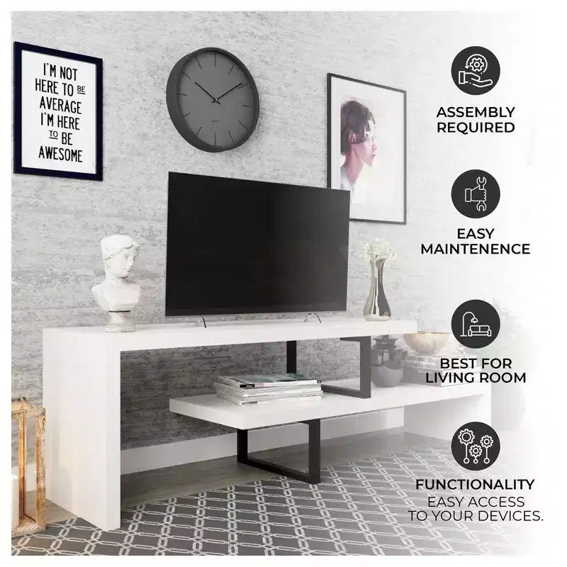 Meuble TV LeisureMod Orford Collection avec étagères en MDF et pieds en fer thermolaqué - Meuble console multimédia, salon moderne, centre de divertissement, rangement