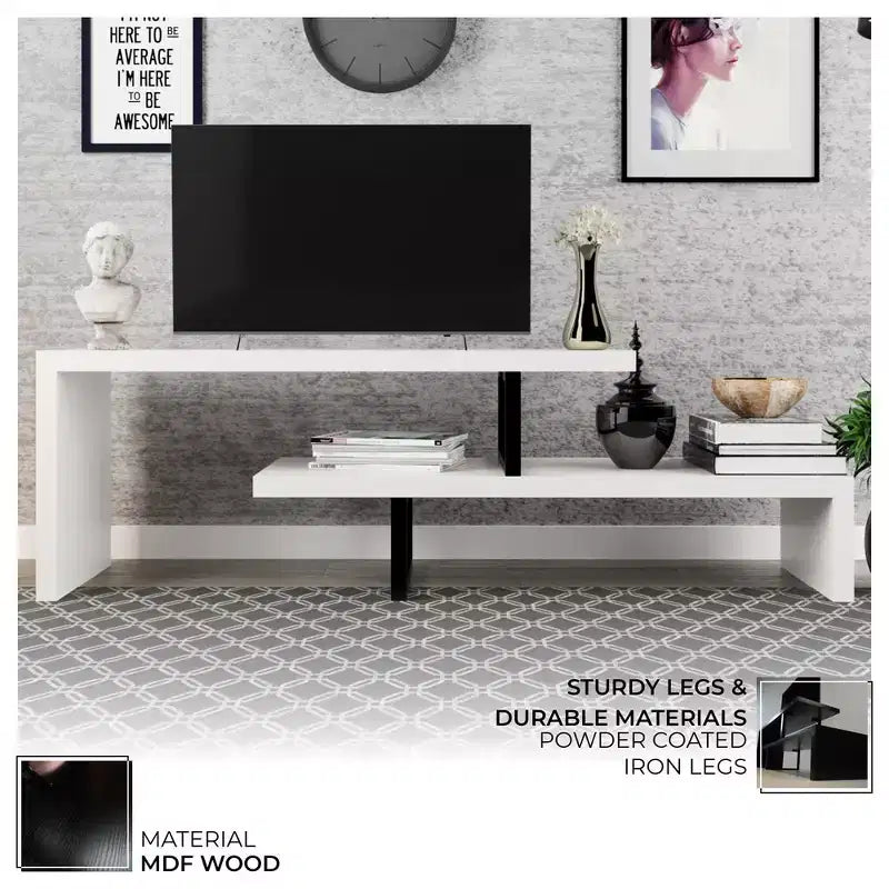 Meuble TV LeisureMod Orford Collection avec étagères en MDF et pieds en fer thermolaqué - Meuble console multimédia, salon moderne, centre de divertissement, rangement