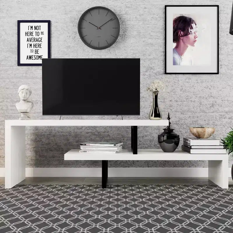 Meuble TV LeisureMod Orford Collection avec étagères en MDF et pieds en fer thermolaqué - Meuble console multimédia, salon moderne, centre de divertissement, rangement