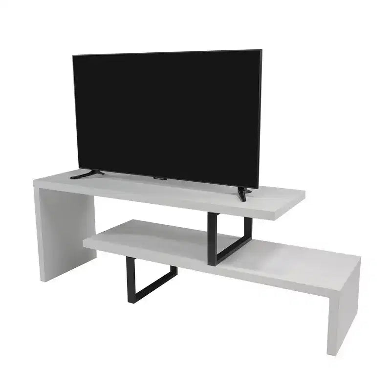 Meuble TV LeisureMod Orford Collection avec étagères en MDF et pieds en fer thermolaqué - Meuble console multimédia, salon moderne, centre de divertissement, rangement