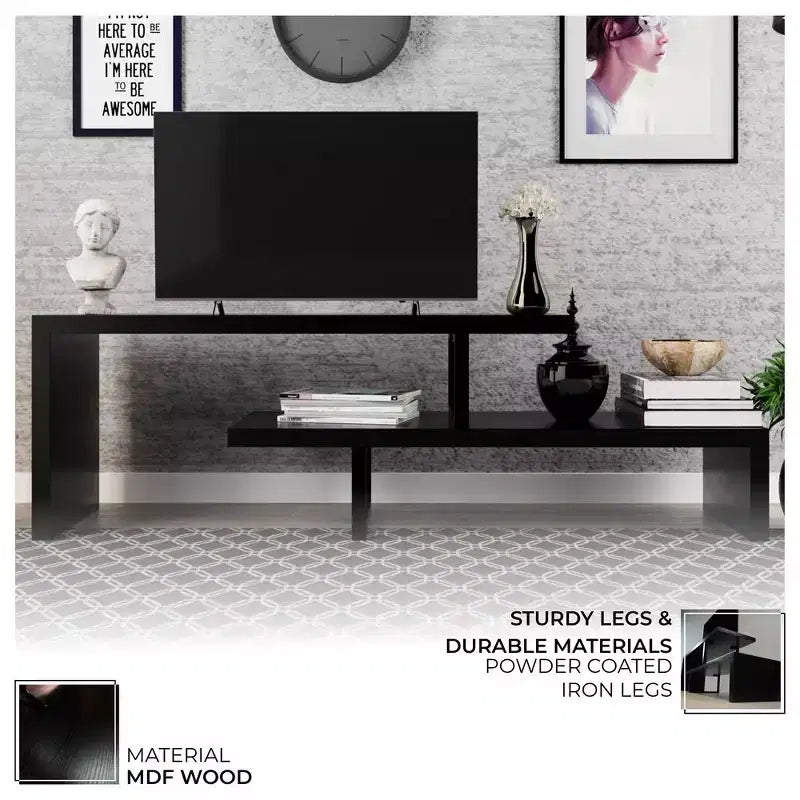 Meuble TV LeisureMod Orford Collection avec étagères en MDF et pieds en fer thermolaqué - Meuble console multimédia, salon moderne, centre de divertissement, rangement