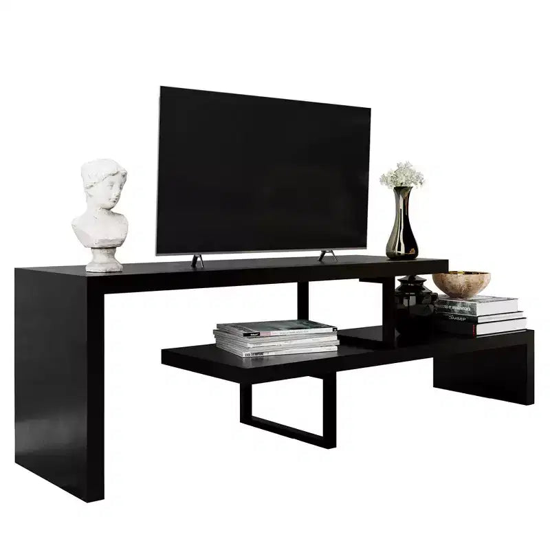 Meuble TV LeisureMod Orford Collection avec étagères en MDF et pieds en fer thermolaqué - Meuble console multimédia, salon moderne, centre de divertissement, rangement