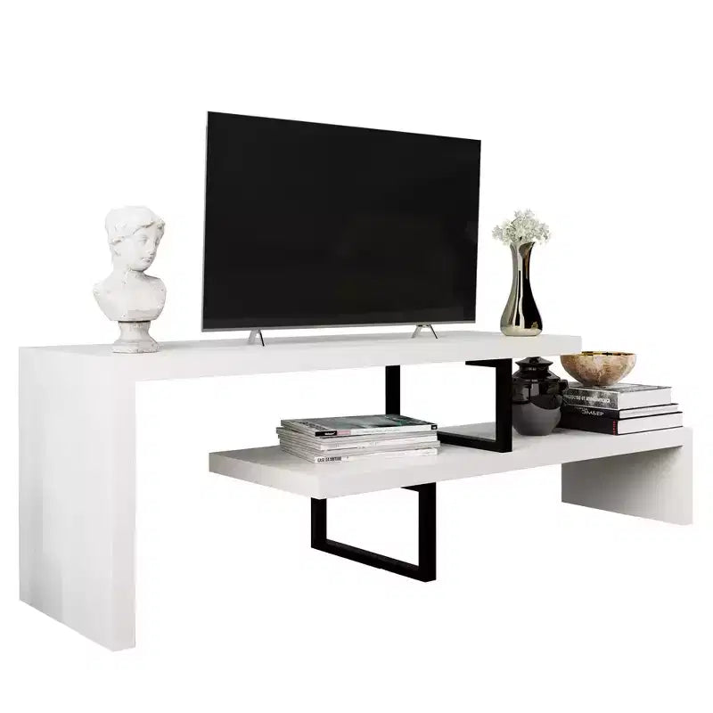 Meuble TV LeisureMod Orford Collection avec étagères en MDF et pieds en fer thermolaqué - Meuble console multimédia, salon moderne, centre de divertissement, rangement