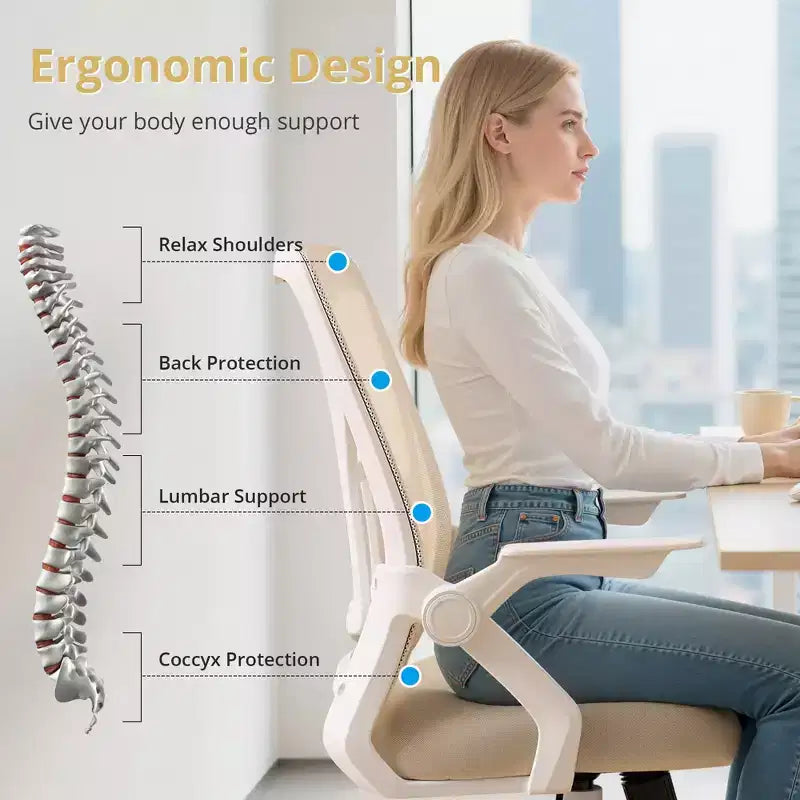 Chaise de bureau ergonomique pivotante à dossier mi-haut VECELO avec accoudoirs réglables et support lombaire en maille
