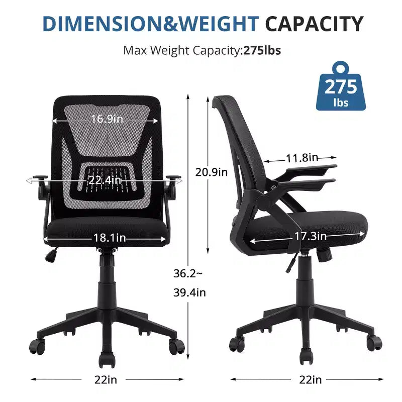 Chaise de bureau ergonomique pivotante à dossier mi-haut VECELO avec accoudoirs réglables et support lombaire en maille