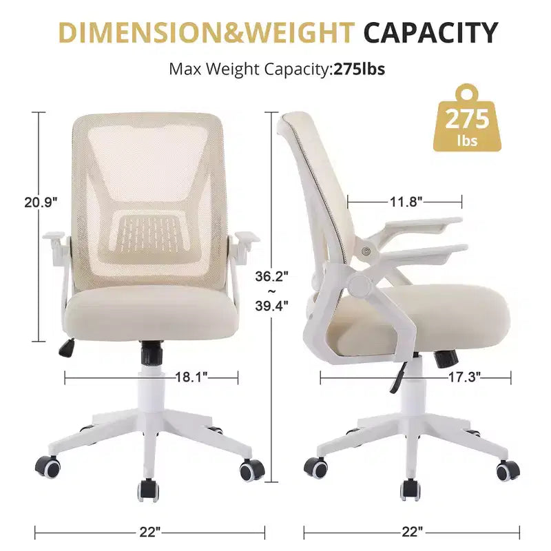 Chaise de bureau ergonomique pivotante à dossier mi-haut VECELO avec accoudoirs réglables et support lombaire en maille