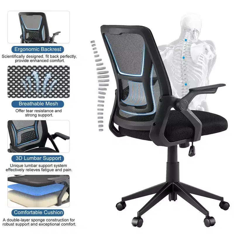 Chaise de bureau ergonomique pivotante à dossier mi-haut VECELO avec accoudoirs réglables et support lombaire en maille