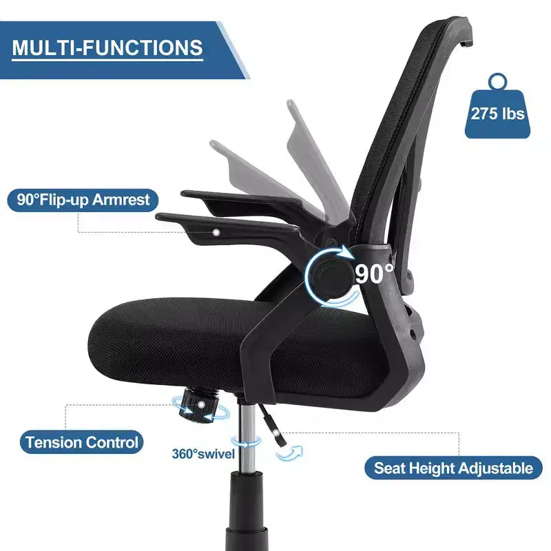 Chaise de bureau ergonomique pivotante à dossier mi-haut VECELO avec accoudoirs réglables et support lombaire en maille
