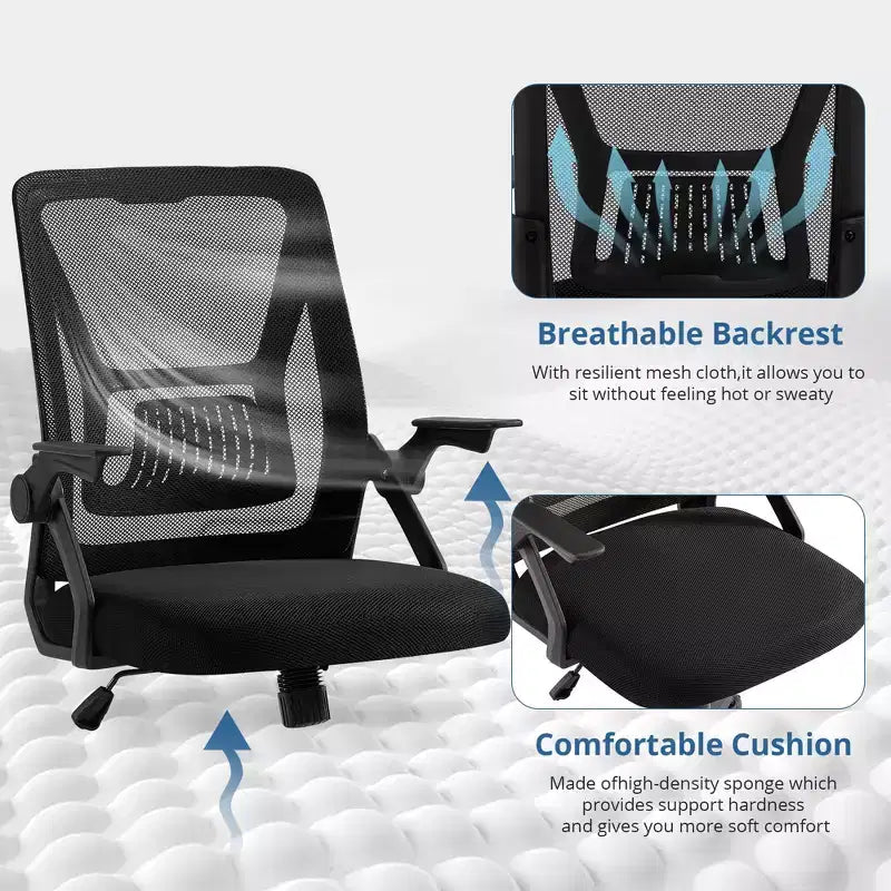 Chaise de bureau ergonomique pivotante à dossier mi-haut VECELO avec accoudoirs réglables et support lombaire en maille