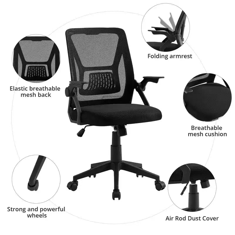 Chaise de bureau ergonomique pivotante à dossier mi-haut VECELO avec accoudoirs réglables et support lombaire en maille