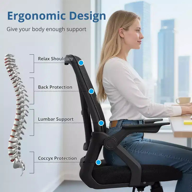 Chaise de bureau ergonomique pivotante à dossier mi-haut VECELO avec accoudoirs réglables et support lombaire en maille