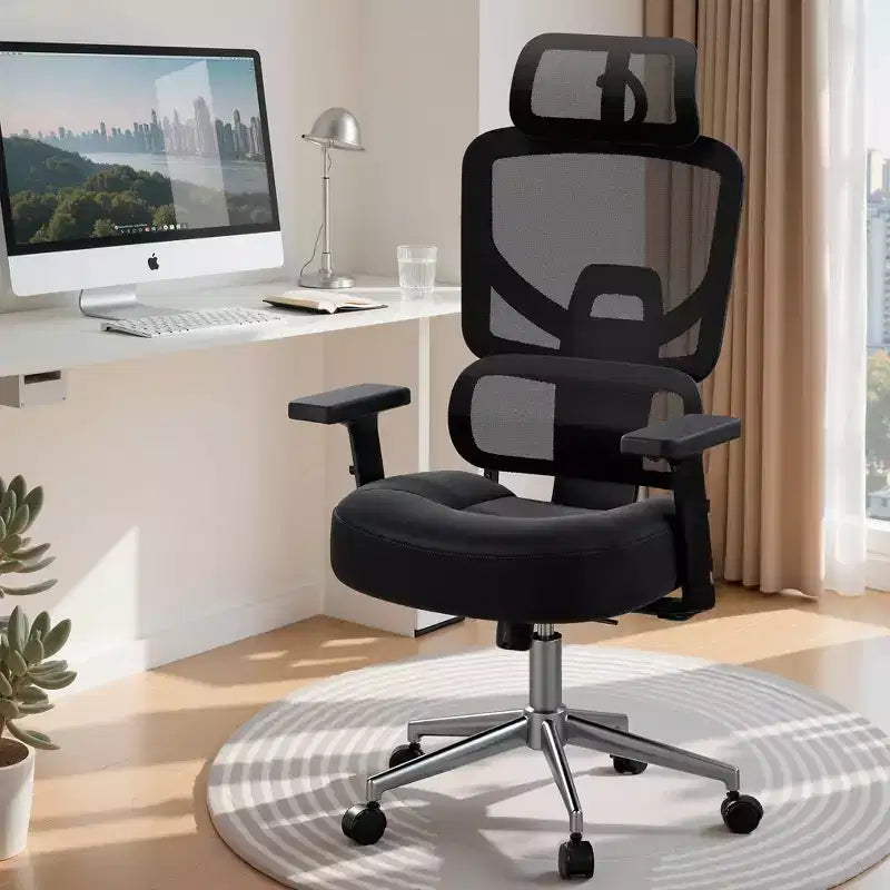 Chaise de bureau ergonomique pivotante à dossier mi-haut VECELO avec accoudoirs réglables et support lombaire en maille