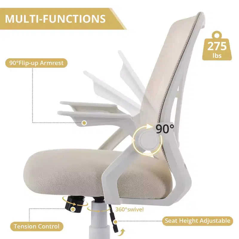 Chaise de bureau ergonomique pivotante à dossier mi-haut VECELO avec accoudoirs réglables et support lombaire en maille