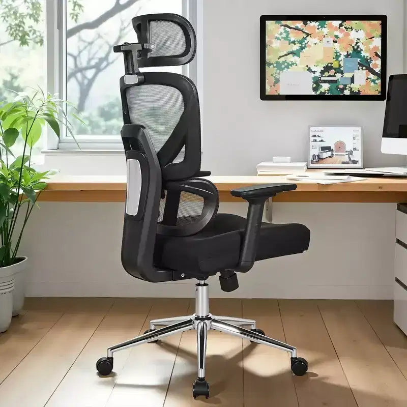 Chaise de bureau ergonomique pivotante à dossier mi-haut VECELO avec accoudoirs réglables et support lombaire en maille