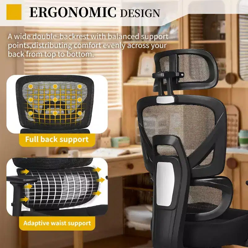 Chaise de bureau ergonomique pivotante à dossier mi-haut VECELO avec accoudoirs réglables et support lombaire en maille