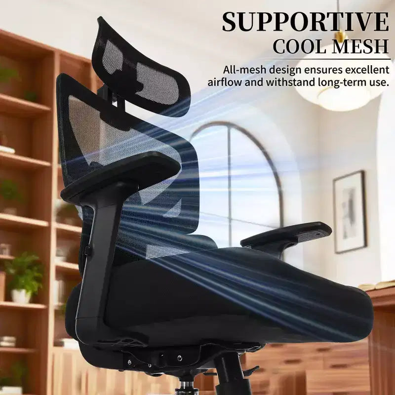 Chaise de bureau ergonomique pivotante à dossier mi-haut VECELO avec accoudoirs réglables et support lombaire en maille