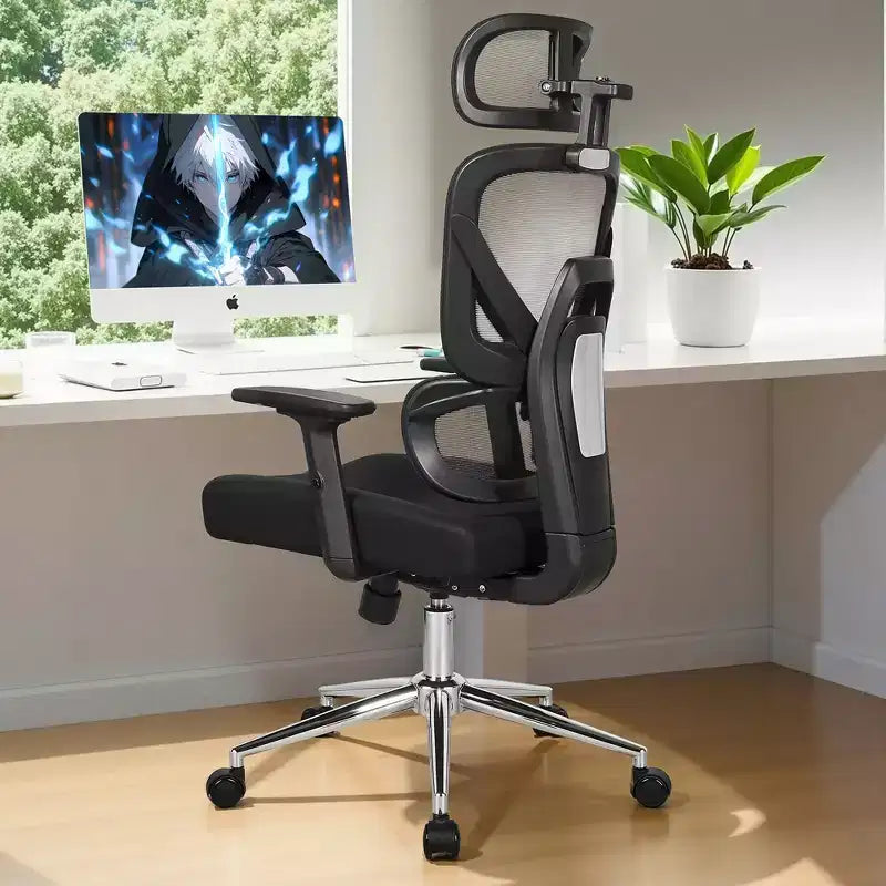 Chaise de bureau ergonomique pivotante à dossier mi-haut VECELO avec accoudoirs réglables et support lombaire en maille