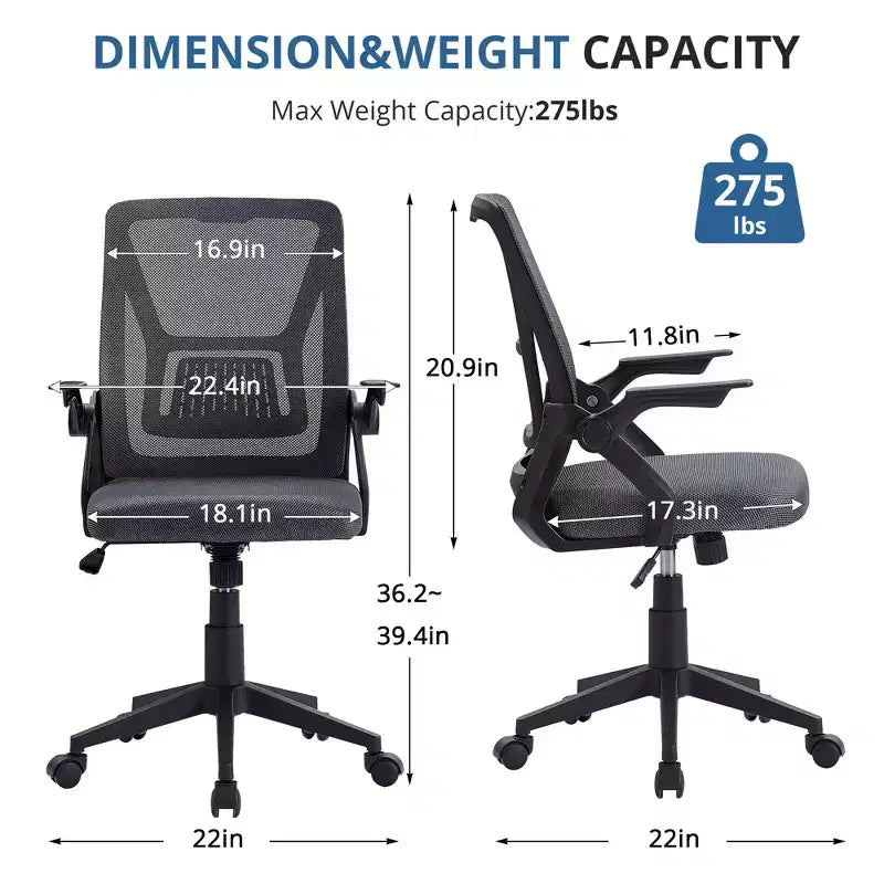 Chaise de bureau ergonomique pivotante à dossier mi-haut VECELO avec accoudoirs réglables et support lombaire en maille