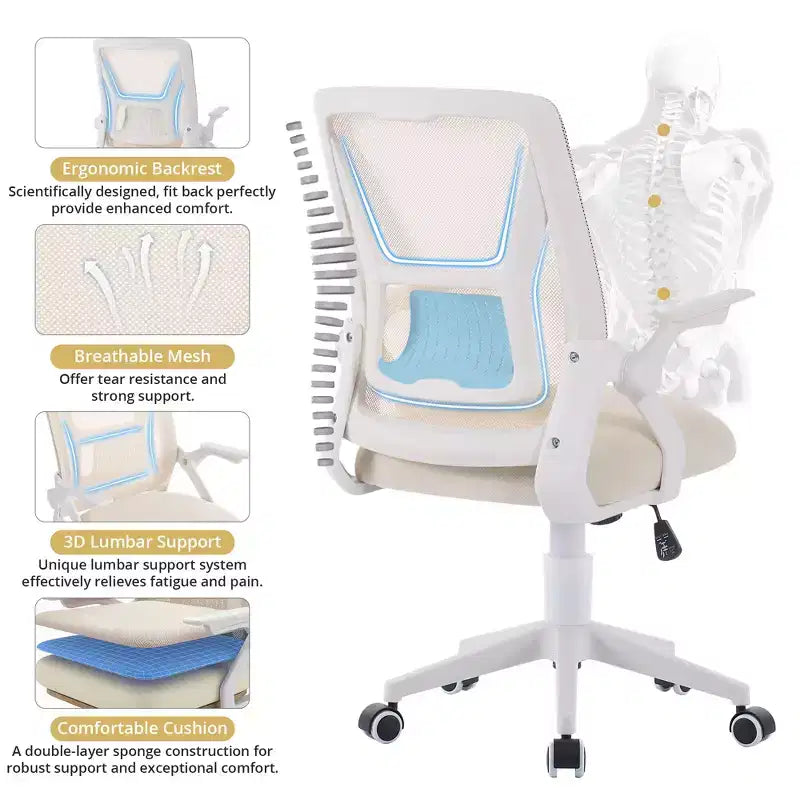 Chaise de bureau ergonomique pivotante à dossier mi-haut VECELO avec accoudoirs réglables et support lombaire en maille