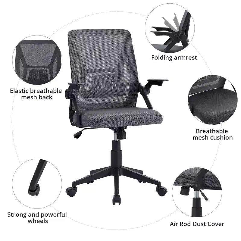 Chaise de bureau ergonomique pivotante à dossier mi-haut VECELO avec accoudoirs réglables et support lombaire en maille