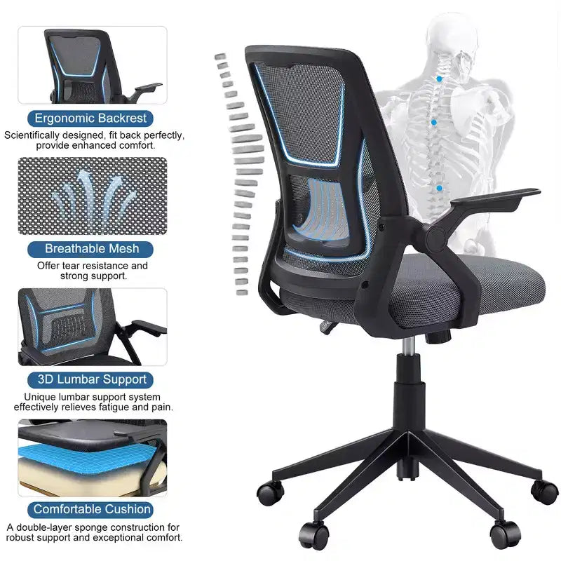 Chaise de bureau ergonomique pivotante à dossier mi-haut VECELO avec accoudoirs réglables et support lombaire en maille