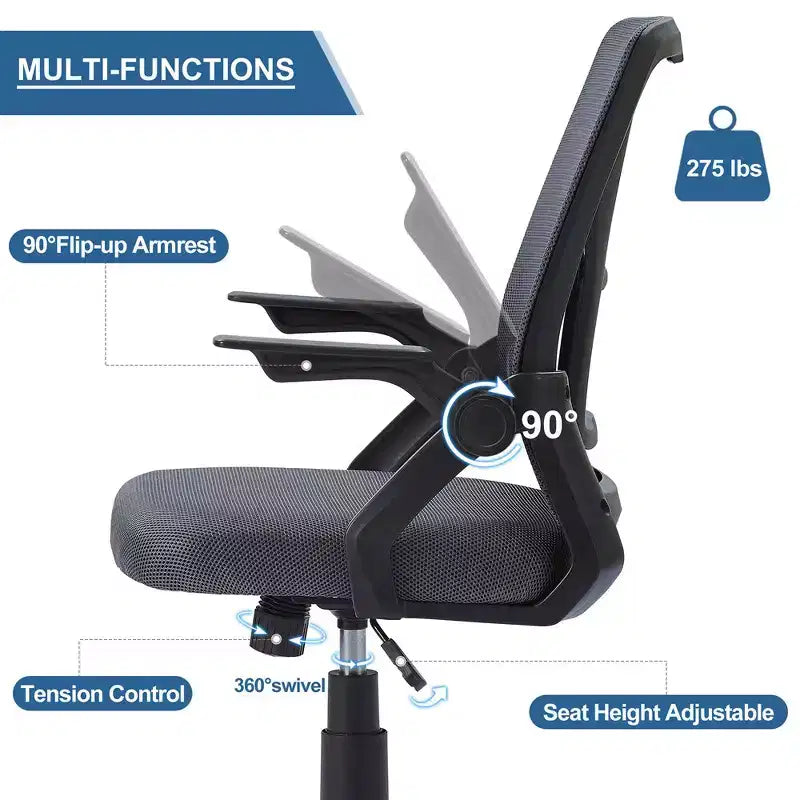 Chaise de bureau ergonomique pivotante à dossier mi-haut VECELO avec accoudoirs réglables et support lombaire en maille