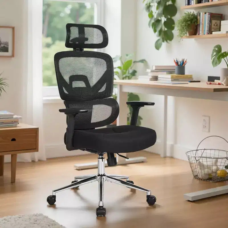 Chaise de bureau ergonomique pivotante à dossier mi-haut VECELO avec accoudoirs réglables et support lombaire en maille