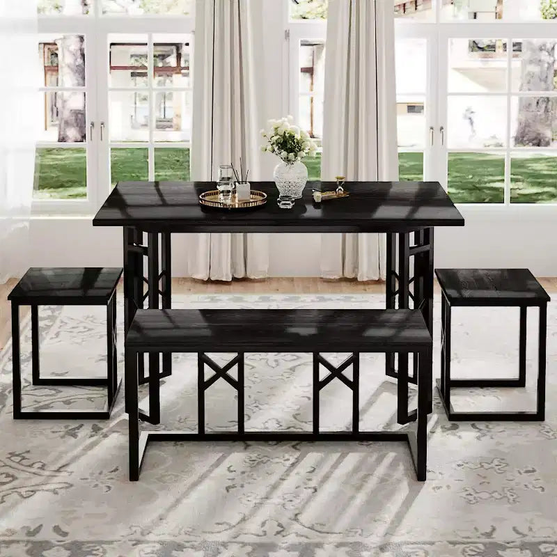 Ensembles de salle de ferme VECELO pour 4 personnes avec 3 bancs Coussins en osier tressé, Table pour cuisine/salle à manger, 110 cm