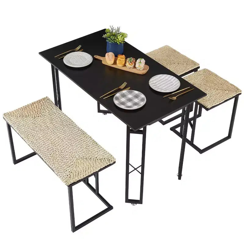 Ensembles de salle de ferme VECELO pour 4 personnes avec 3 bancs Coussins en osier tressé, Table pour cuisine/salle à manger, 110 cm