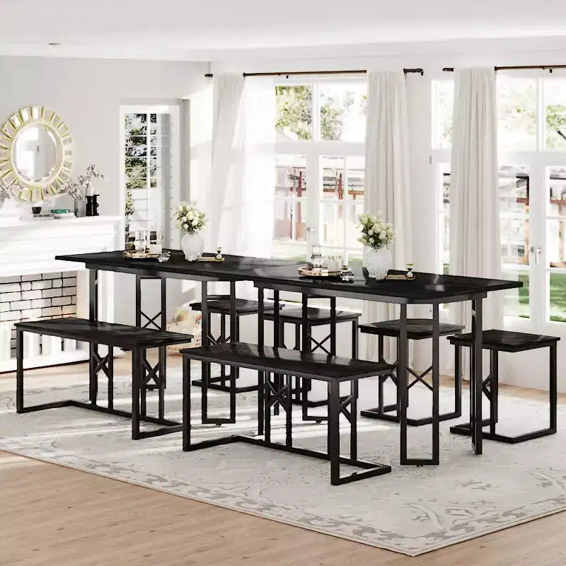 Ensembles de salle de ferme VECELO pour 4 personnes avec 3 bancs Coussins en osier tressé, Table pour cuisine/salle à manger, 110 cm