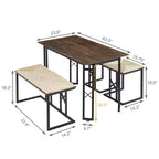 Ensembles de salle de ferme VECELO pour 4 personnes avec 3 bancs Coussins en osier tressé, Table pour cuisine/salle à manger, 110 cm