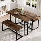 Ensembles de salle de ferme VECELO pour 4 personnes avec 3 bancs Coussins en osier tressé, Table pour cuisine/salle à manger, 110 cm