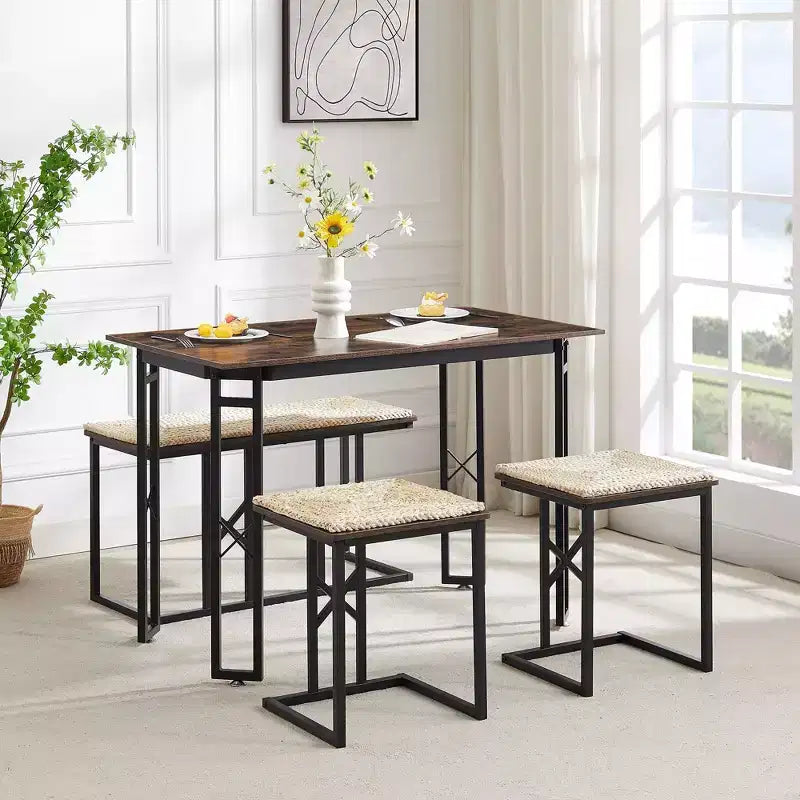 Ensembles de salle de ferme VECELO pour 4 personnes avec 3 bancs Coussins en osier tressé, Table pour cuisine/salle à manger, 110 cm
