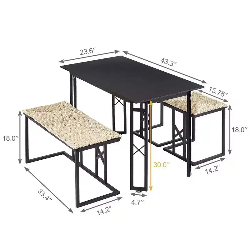 Ensembles de salle de ferme VECELO pour 4 personnes avec 3 bancs Coussins en osier tressé, Table pour cuisine/salle à manger, 110 cm