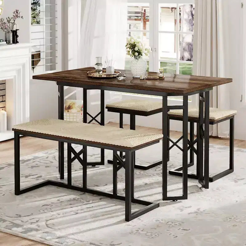 Ensembles de salle de ferme VECELO pour 4 personnes avec 3 bancs Coussins en osier tressé, Table pour cuisine/salle à manger, 110 cm