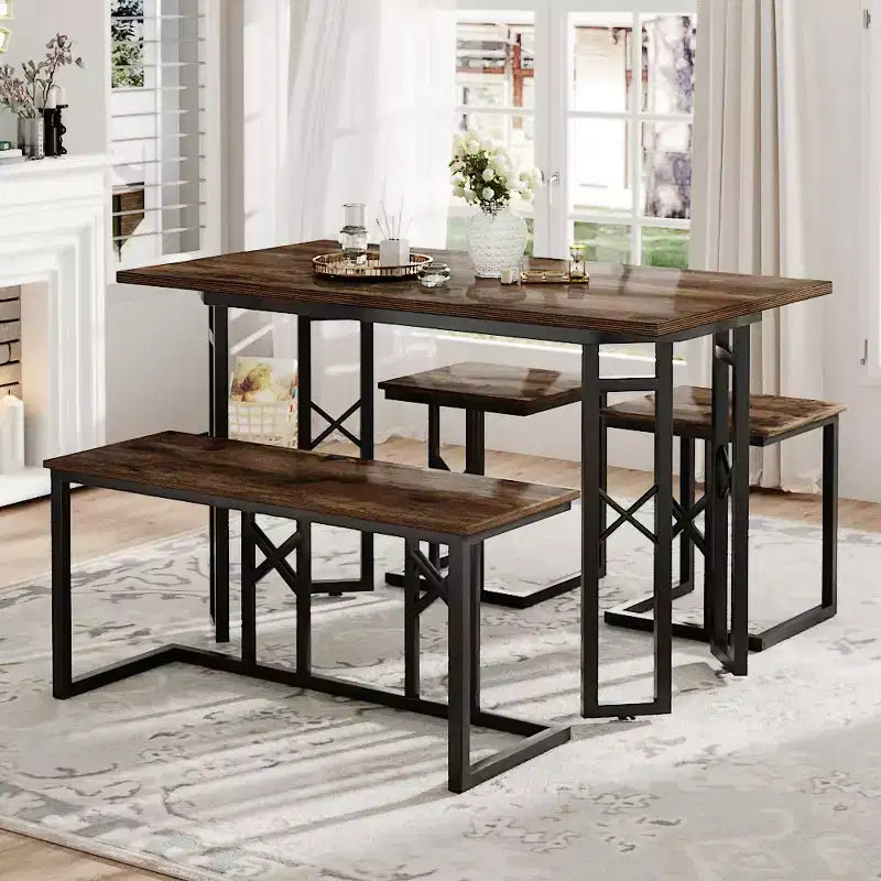 Ensembles de salle de ferme VECELO pour 4 personnes avec 3 bancs Coussins en osier tressé, Table pour cuisine/salle à manger, 110 cm