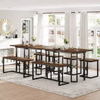 Ensembles de salle de ferme VECELO pour 4 personnes avec 3 bancs Coussins en osier tressé, Table pour cuisine/salle à manger, 110 cm