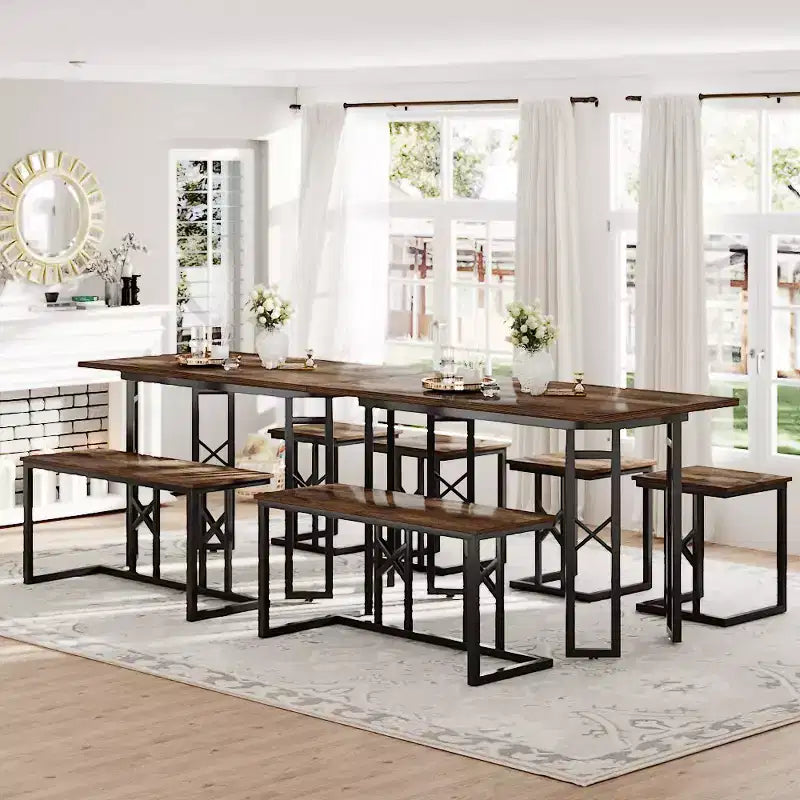 Ensembles de salle de ferme VECELO pour 4 personnes avec 3 bancs Coussins en osier tressé, Table pour cuisine/salle à manger, 110 cm