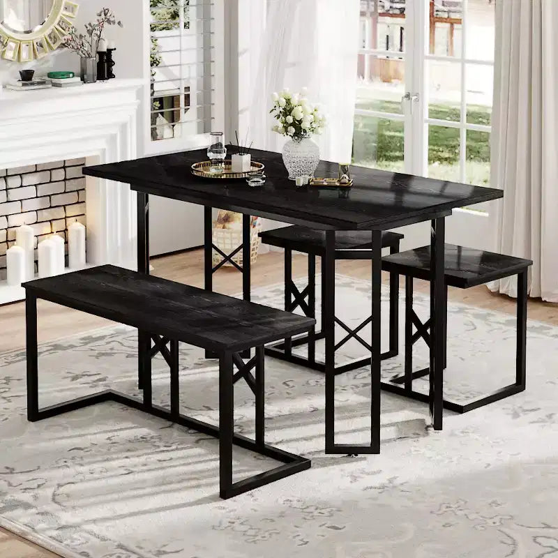 Ensembles de salle de ferme VECELO pour 4 personnes avec 3 bancs Coussins en osier tressé, Table pour cuisine/salle à manger, 110 cm
